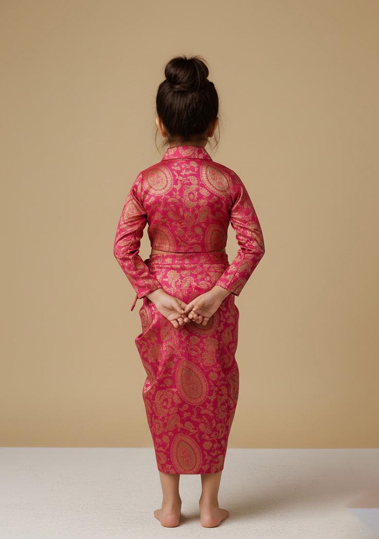 Girls Red Embroidered Crepe Fusion Set - Indya