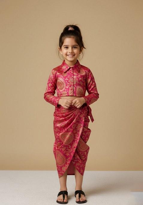 Girls Red Embroidered Crepe Fusion Set