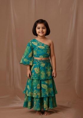 Girls Blue Floral Print Tissue Fusion Set