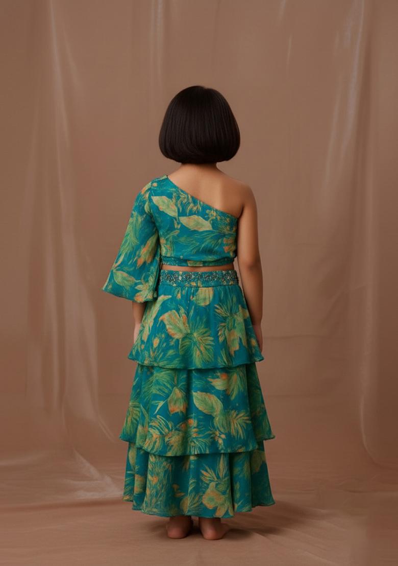 Girls Blue Floral Print Tissue Fusion Set - Indya