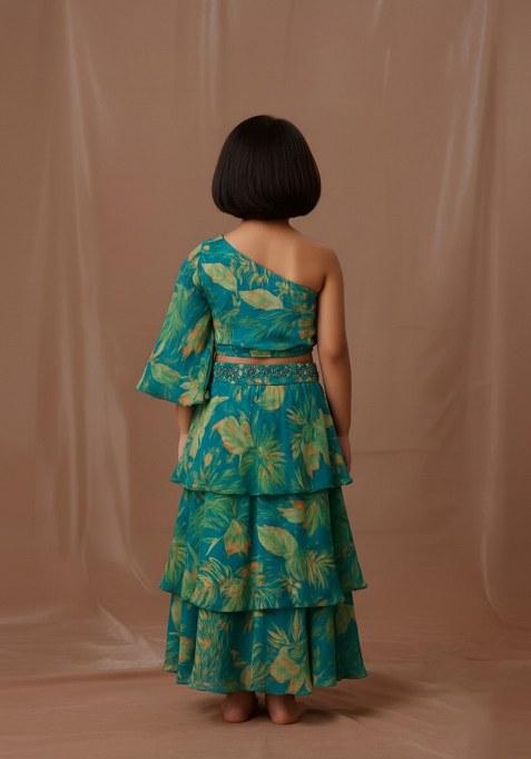 Girls Blue Floral Print Tissue Fusion Set