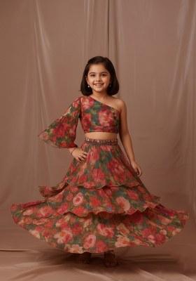 Girls Green Floral Print Tissue Fusion Set