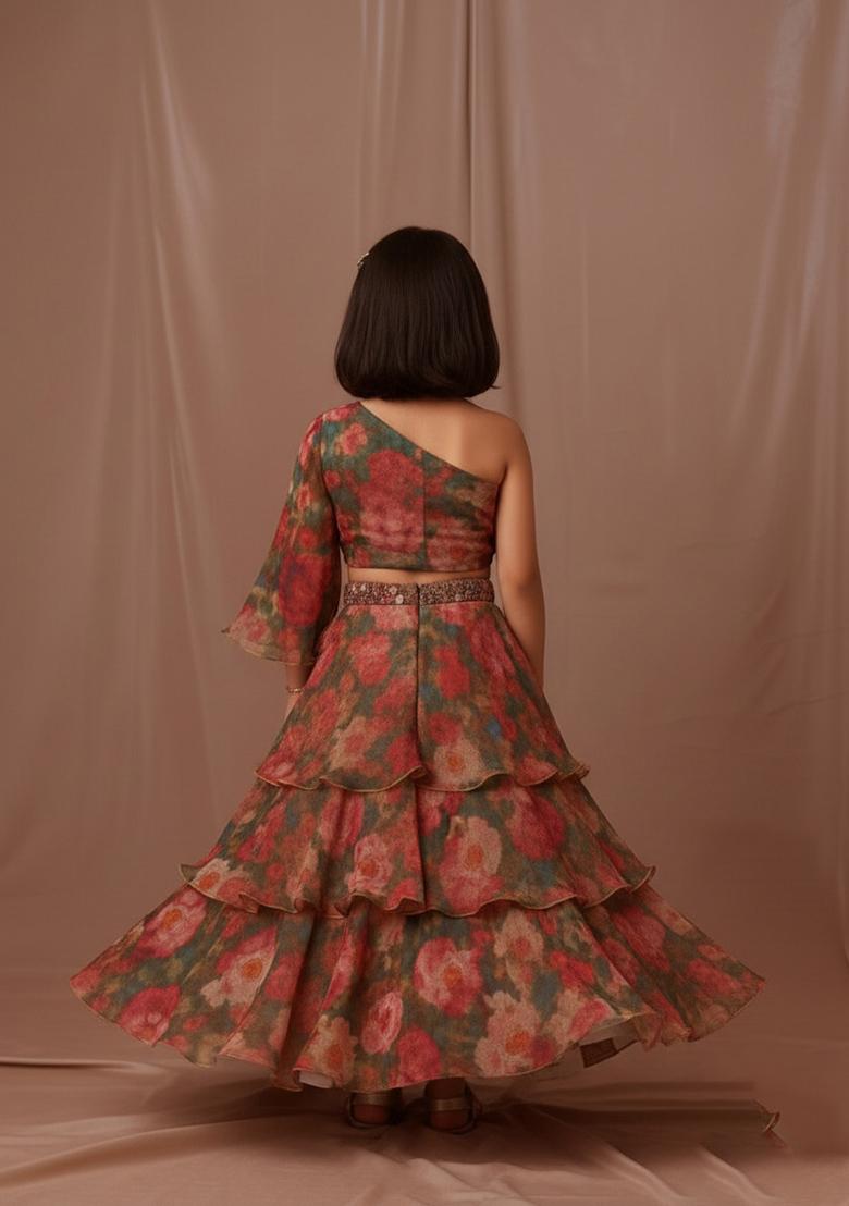 Girls Green Floral Print Tissue Fusion Set - Indya