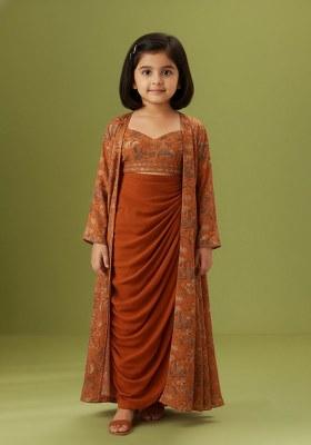 Girls Orange Floral Print Crepe Fusion Set