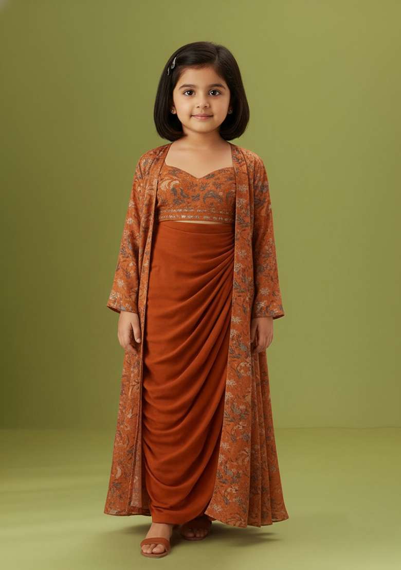 Girls Orange Floral Print Crepe Fusion Set - Indya