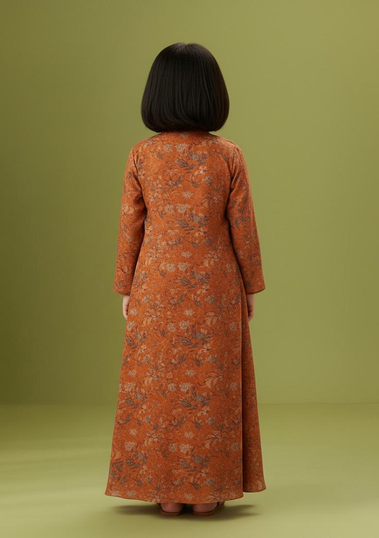 Girls Orange Floral Print Crepe Fusion Set - Indya