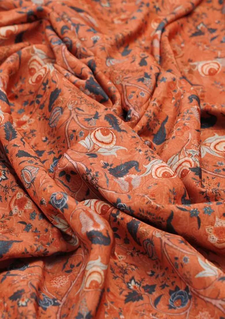 Girls Orange Floral Print Crepe Fusion Set - Indya
