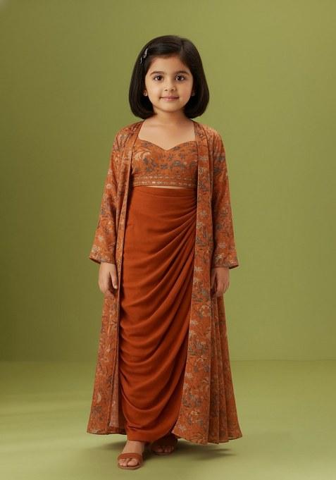 Girls Orange Floral Print Crepe Fusion Set