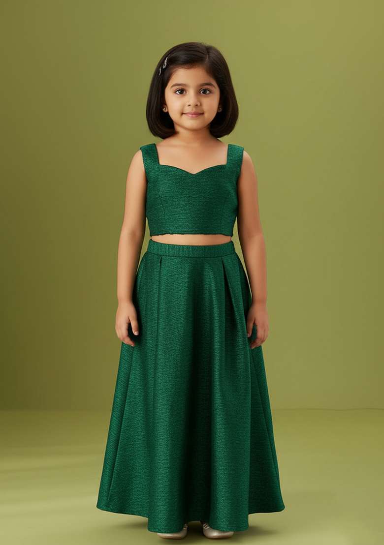 Girls Bottle Green Embellished Net Fusion Set - Indya