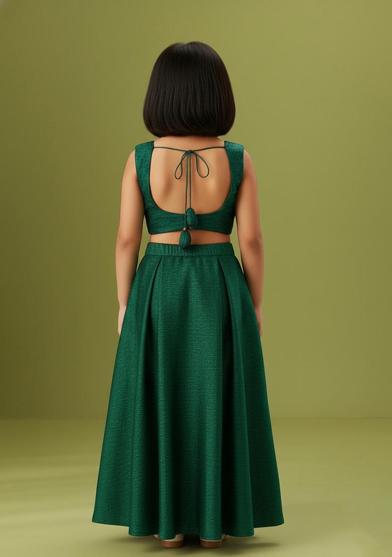 Girls Bottle Green Embellished Net Fusion Set - Indya