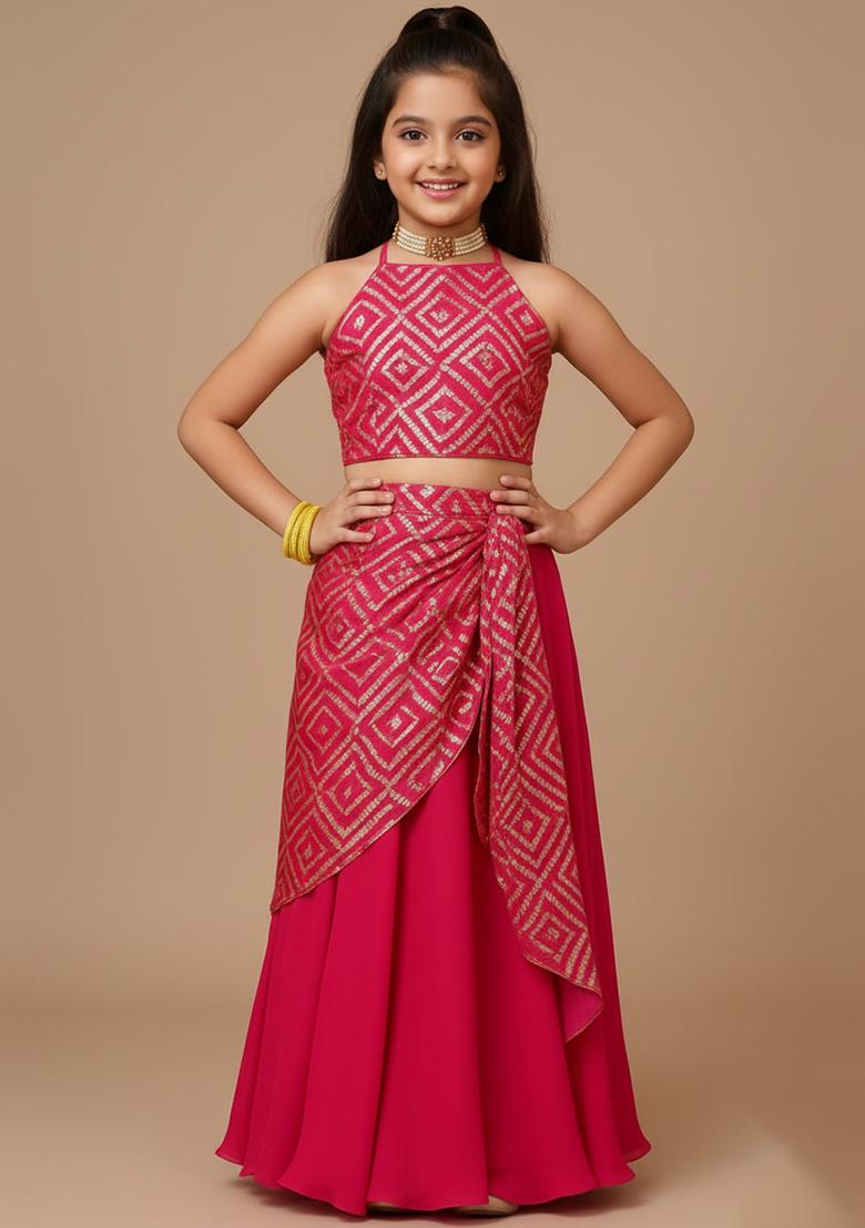Girls Pink Embroidered Georgette Lehenga Set