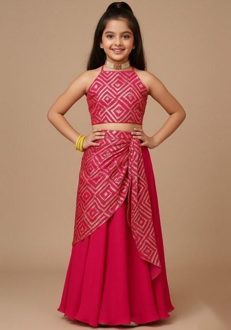 Girls Pink Embroidered Georgette Lehenga Set