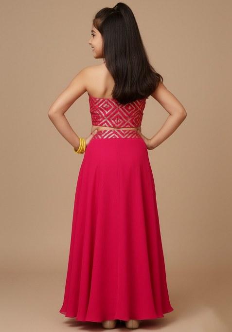 Girls Pink Embroidered Georgette Lehenga Set