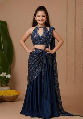 Girls Blue Embroidered Chanderi Lehenga Set