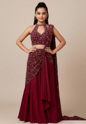 Girls Wine Embroidered Georgette Lehenga Set