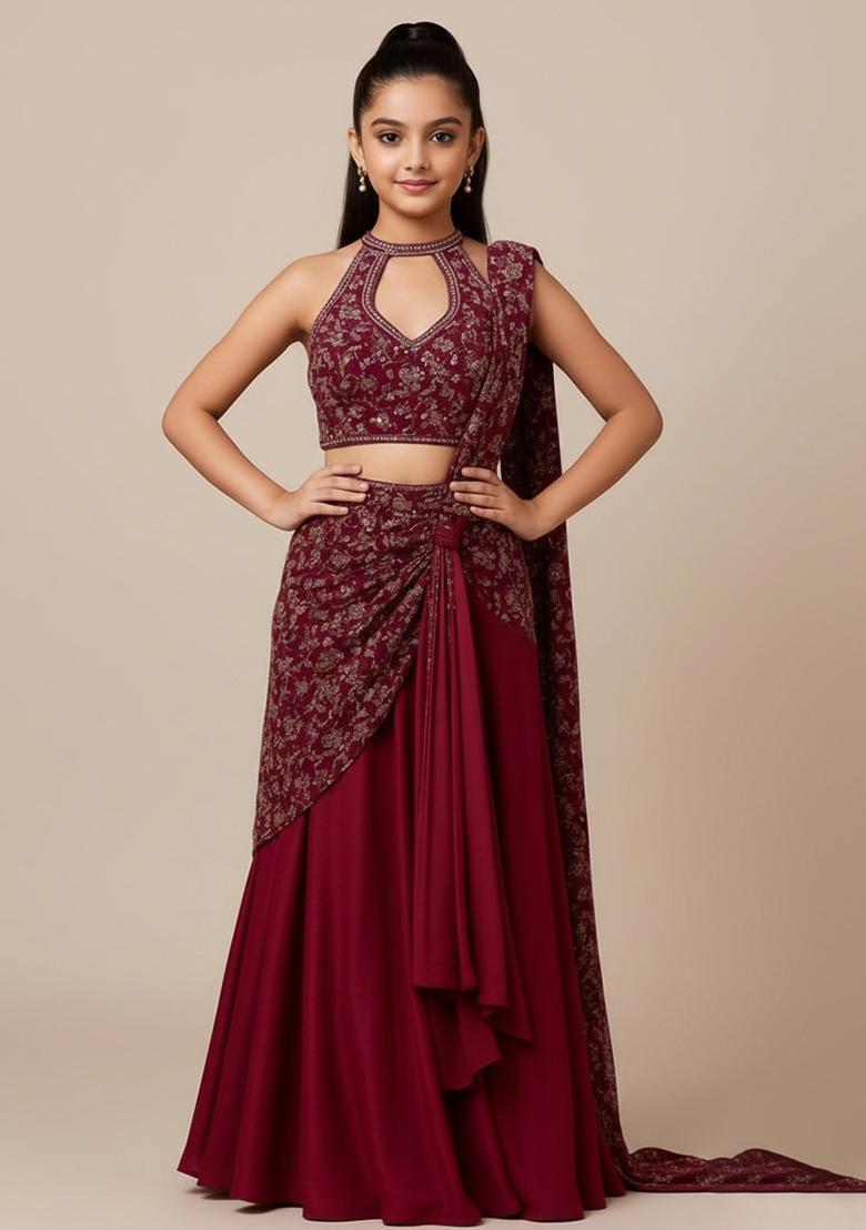 Girls Wine Embroidered Georgette Lehenga Set