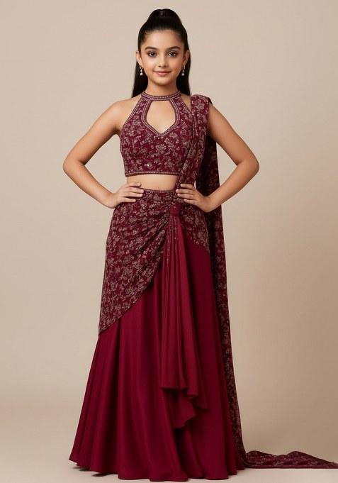 Girls Wine Embroidered Georgette Lehenga Set