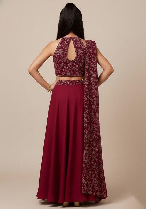 Girls Wine Embroidered Georgette Lehenga Set