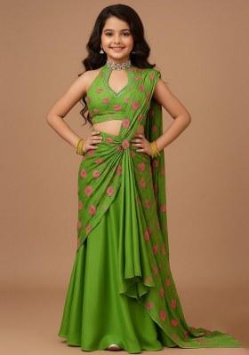 Girls Green Embroidered Chanderi Lehenga Set