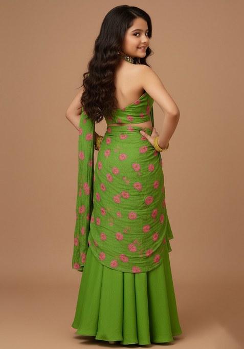 Girls Green Embroidered Chanderi Lehenga Set