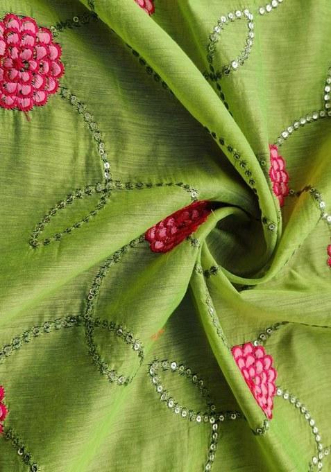 Girls Green Embroidered Chanderi Lehenga Set