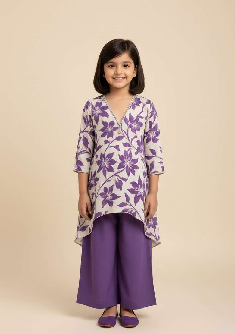 Girls Beige Embroidered Tissue Fusion Set - Indya