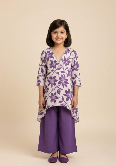 Girls Beige Embroidered Tissue Fusion Set