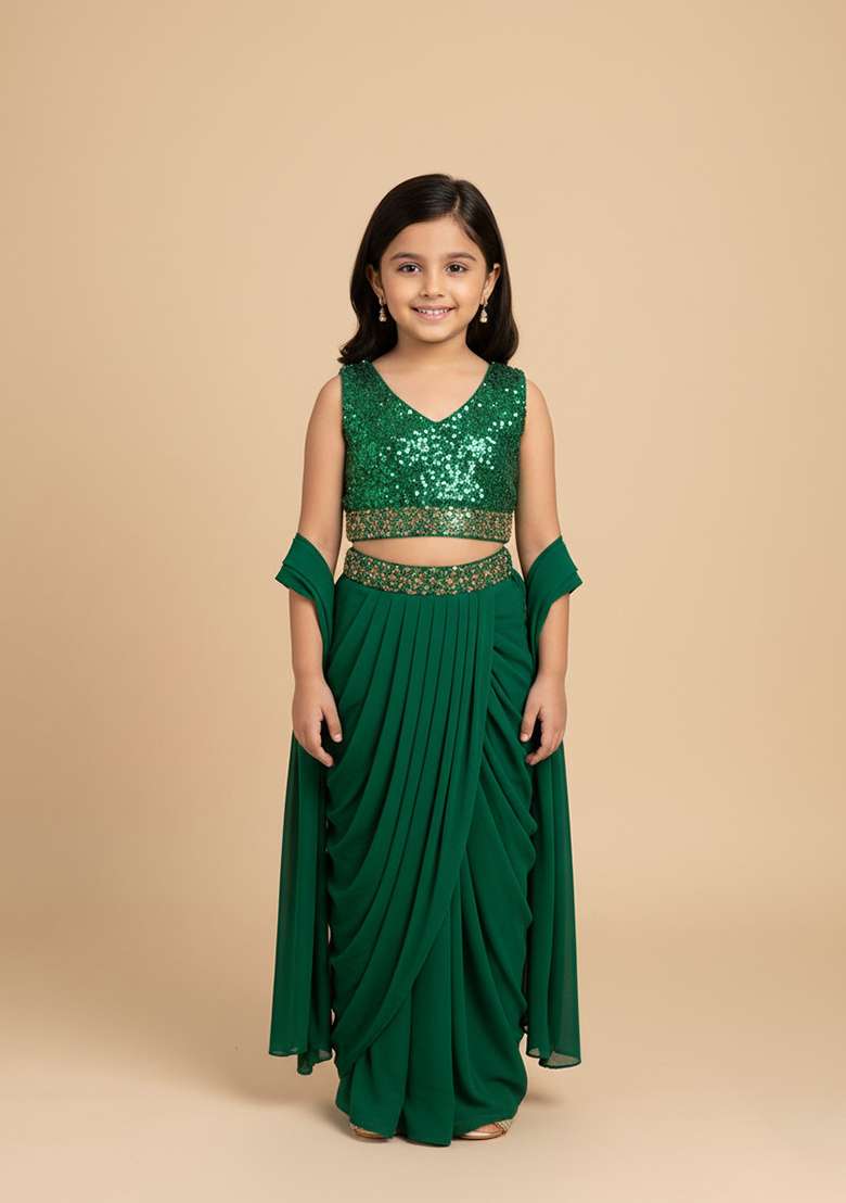 Girls Green Sequin Georgette Fusion Set - Indya