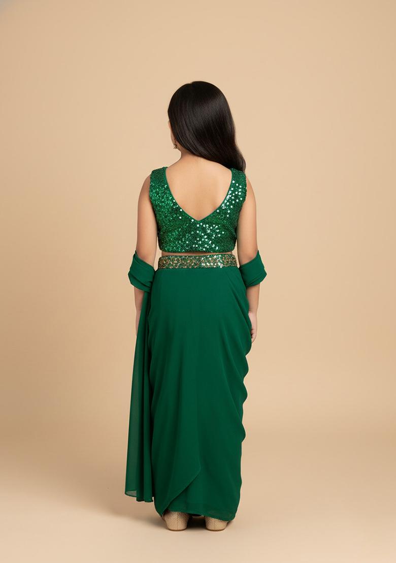 Girls Green Sequin Georgette Fusion Set - Indya