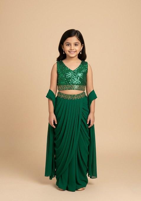 Girls Green Sequin Georgette Fusion Set
