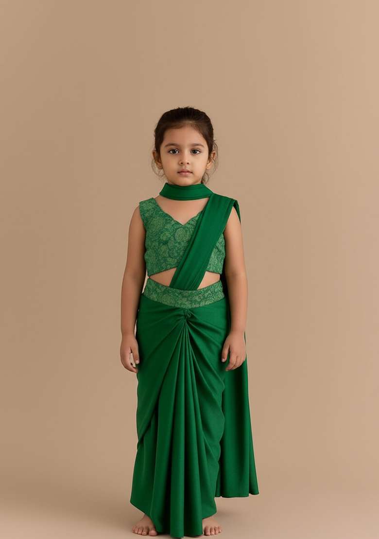 Girls Green Jacquard Silk Fusion Set - Indya