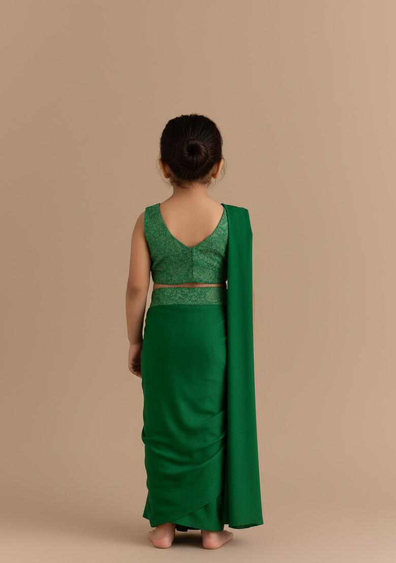 Girls Green Jacquard Silk Fusion Set - Indya