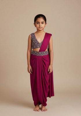 Girls Maroon Embroidered Velvet Fusion Set