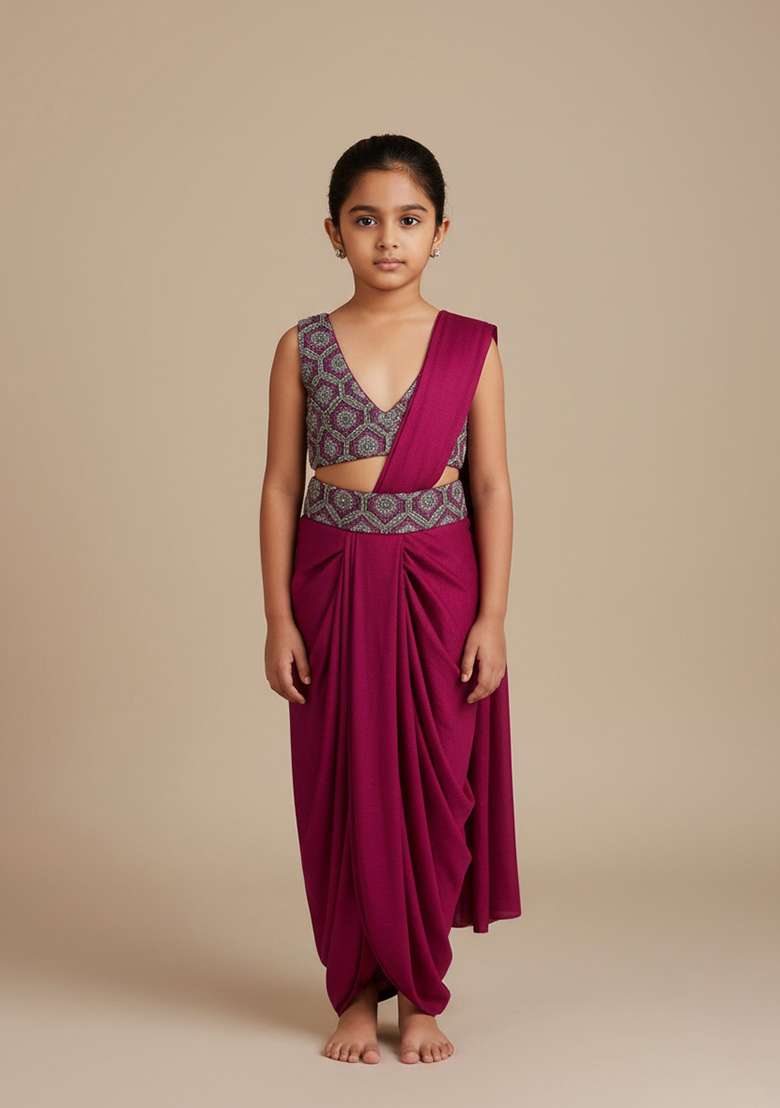 Girls Maroon Embroidered Velvet Fusion Set - Indya