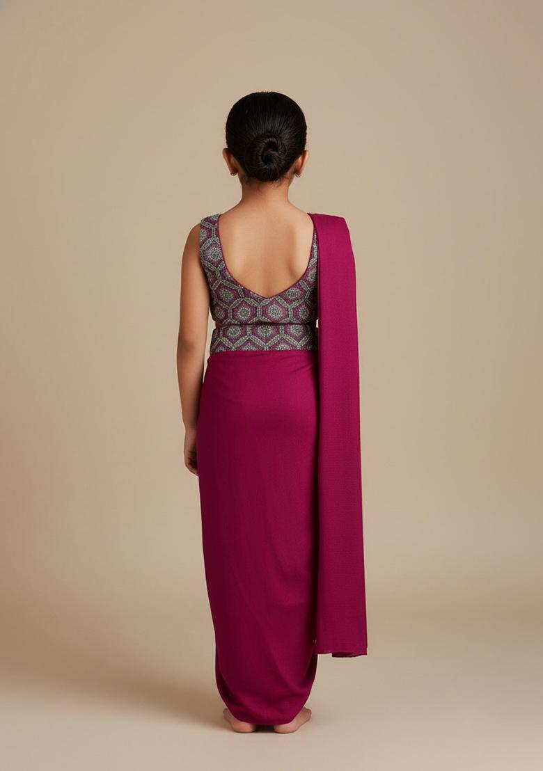 Girls Maroon Embroidered Velvet Fusion Set - Indya