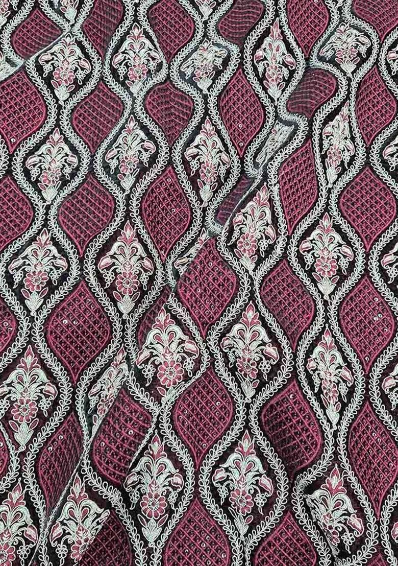 Girls Maroon Embroidered Velvet Fusion Set - Indya