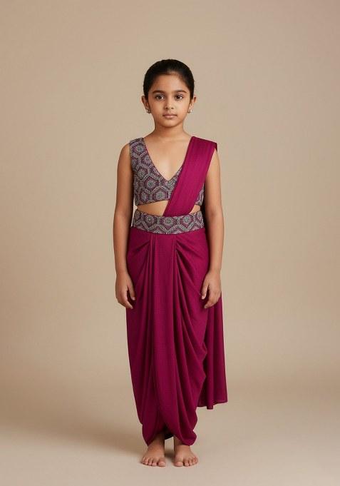 Girls Maroon Embroidered Velvet Fusion Set
