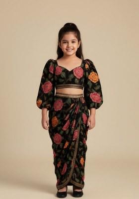 Girls Black Embroidered Crepe Fusion Set
