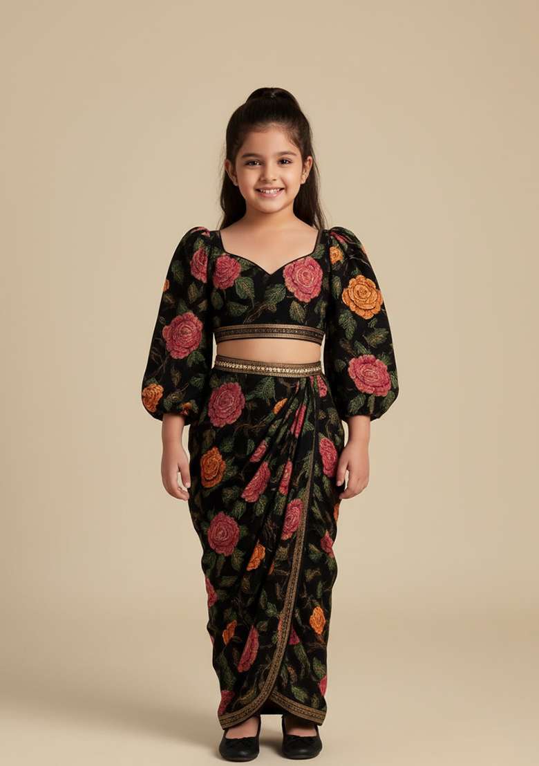 Girls Black Embroidered Crepe Fusion Set - Indya