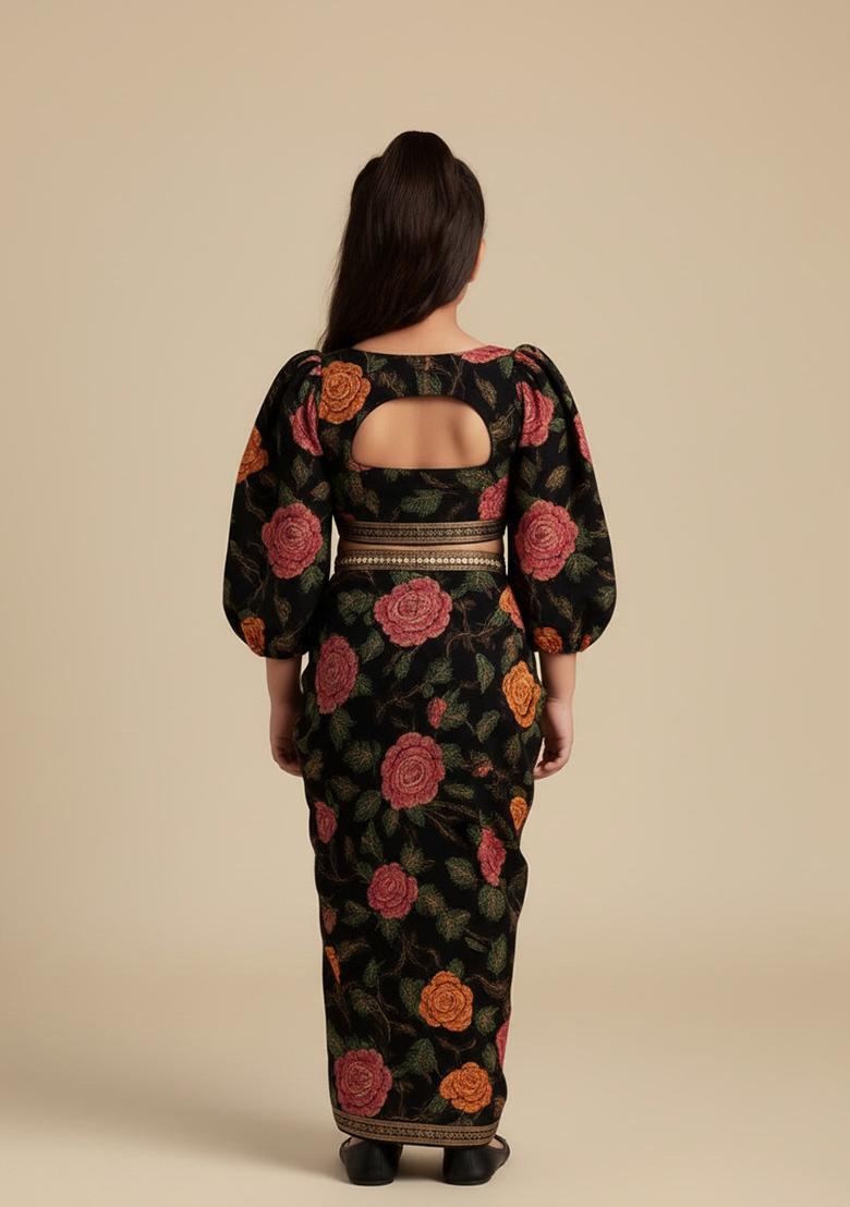 Girls Black Embroidered Crepe Fusion Set - Indya