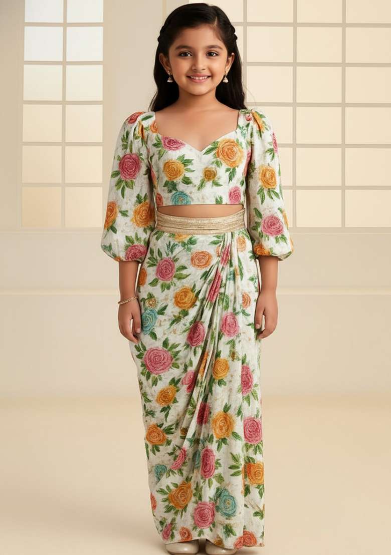 Girls White Embroidered Crepe Fusion Set - Indya
