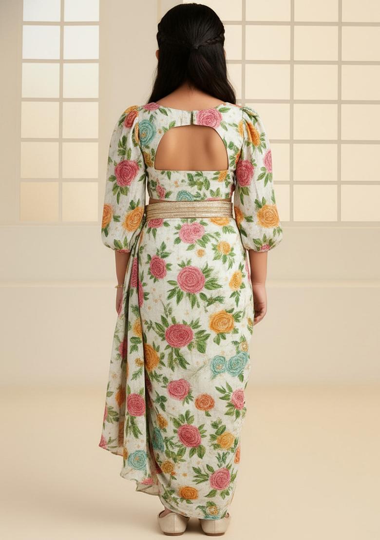 Girls White Embroidered Crepe Fusion Set - Indya