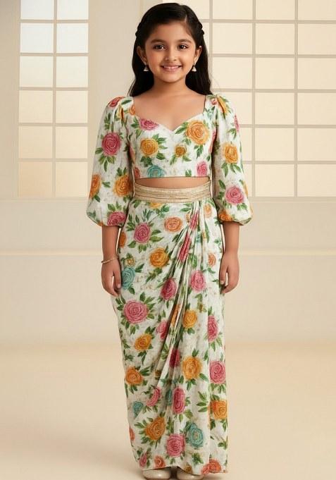 Girls White Embroidered Crepe Fusion Set