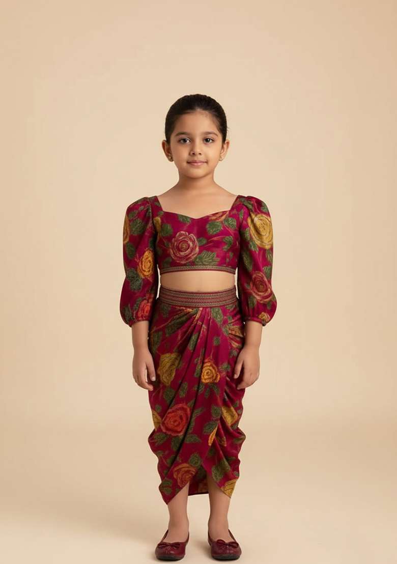 Girls Pink Embroidered Crepe Fusion Set - Indya