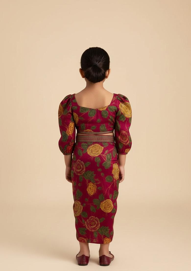 Girls Pink Embroidered Crepe Fusion Set - Indya