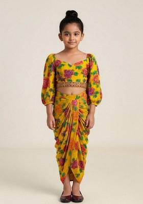 Girls Yellow Embroidered Crepe Fusion Set