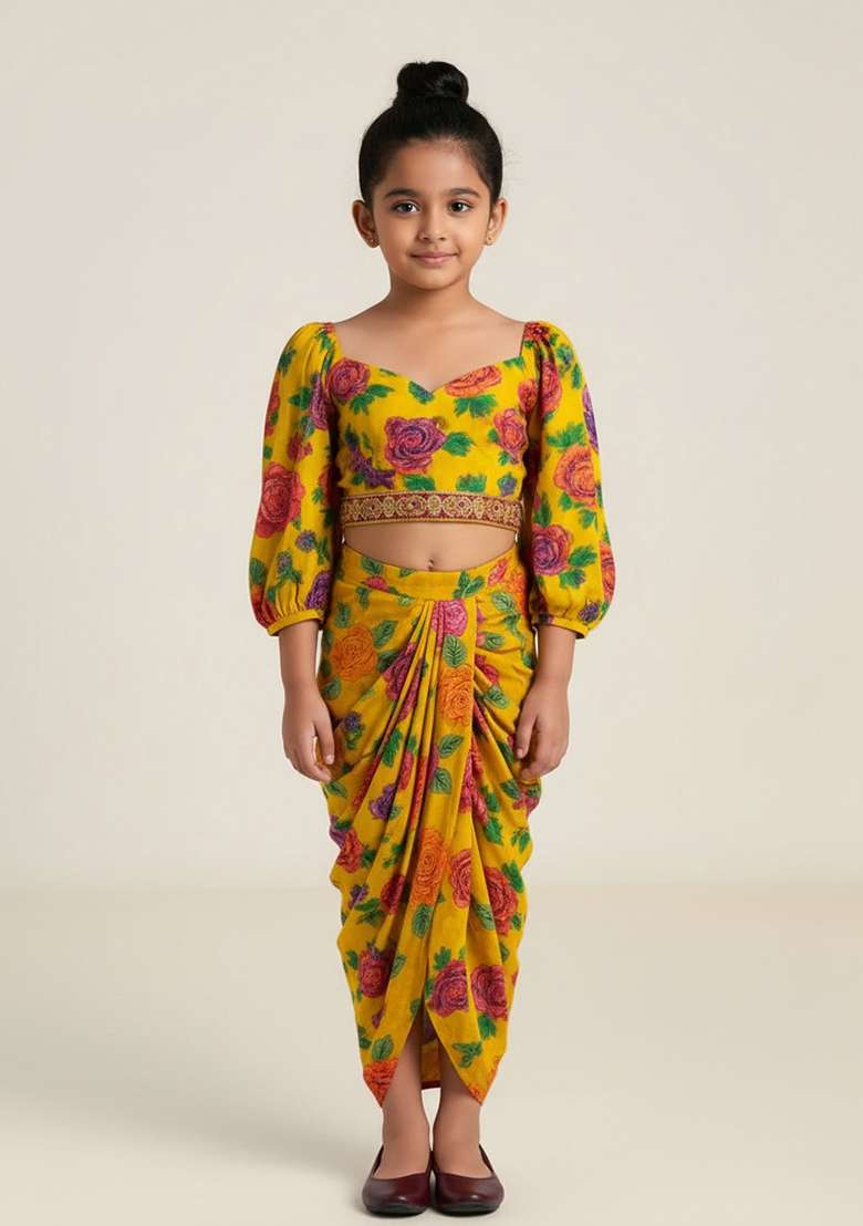 Girls Yellow Embroidered Crepe Fusion Set - Indya
