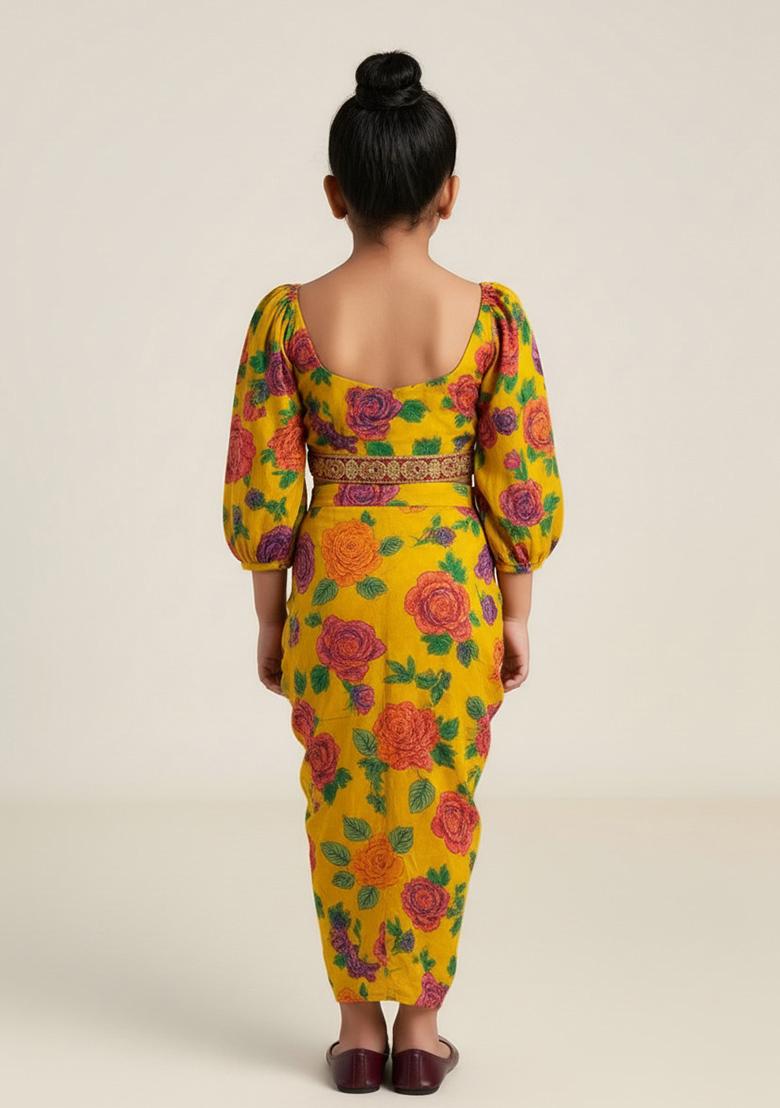 Girls Yellow Embroidered Crepe Fusion Set - Indya