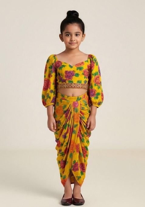 Girls Yellow Embroidered Crepe Fusion Set