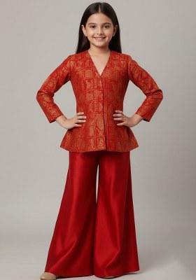 Girls Red Brocade Sharara Set